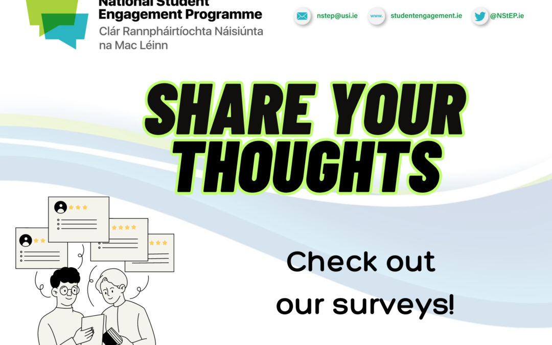 Share your thoughts. Check out our surveys! There is a image of two students talking to each other in the bottom left hand corner. They are surrounded by speech bubbles.
