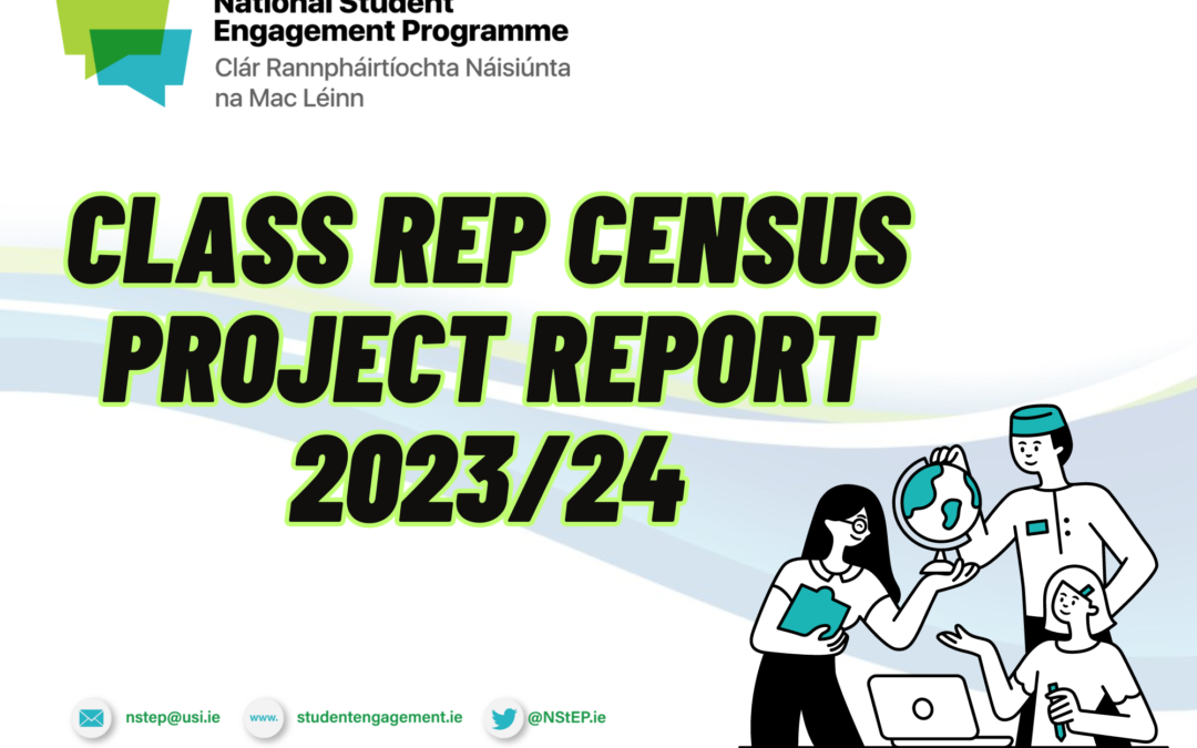 Class Rep Census Project Report 2023-24. There is a graphic of three students standing around a laptop in the bottom right hand corner.